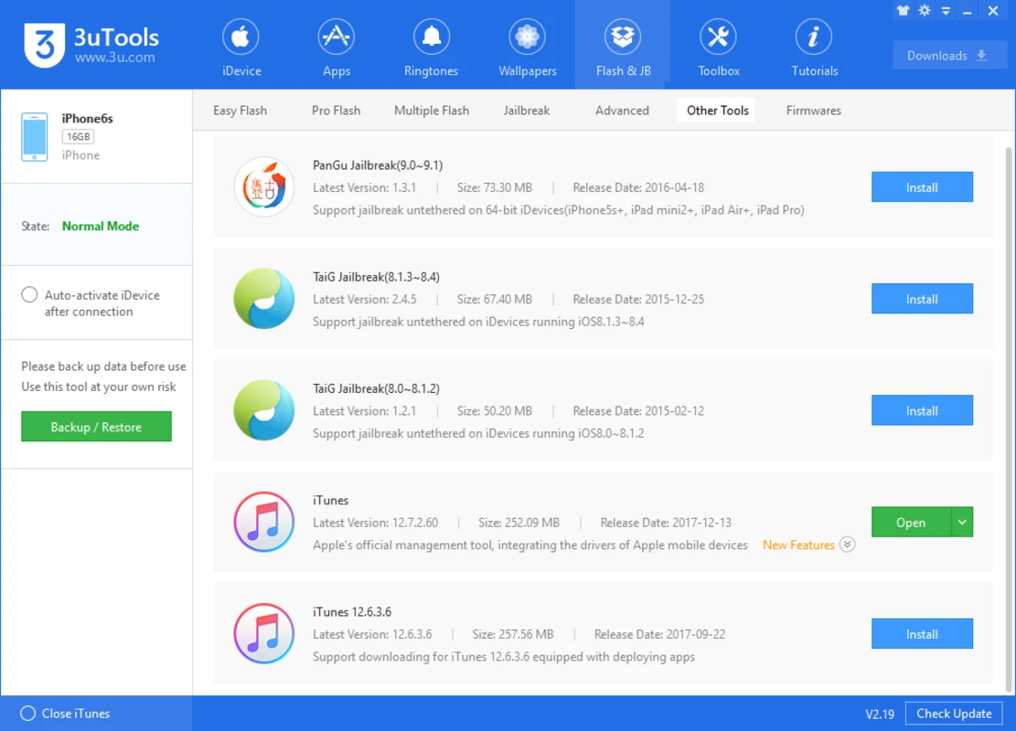 3uTools Flash and JB pane listing jailbreak tools and iTunes helpers