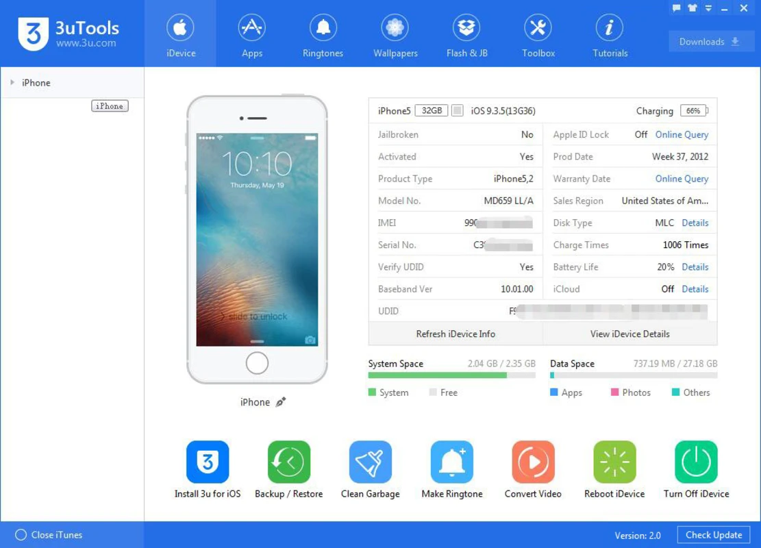 3uTools device info window showing a connected white iPhone, battery life, IMEI, and storage bars