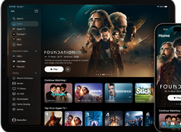 iPad and iPhone showing an Apple TV style media library